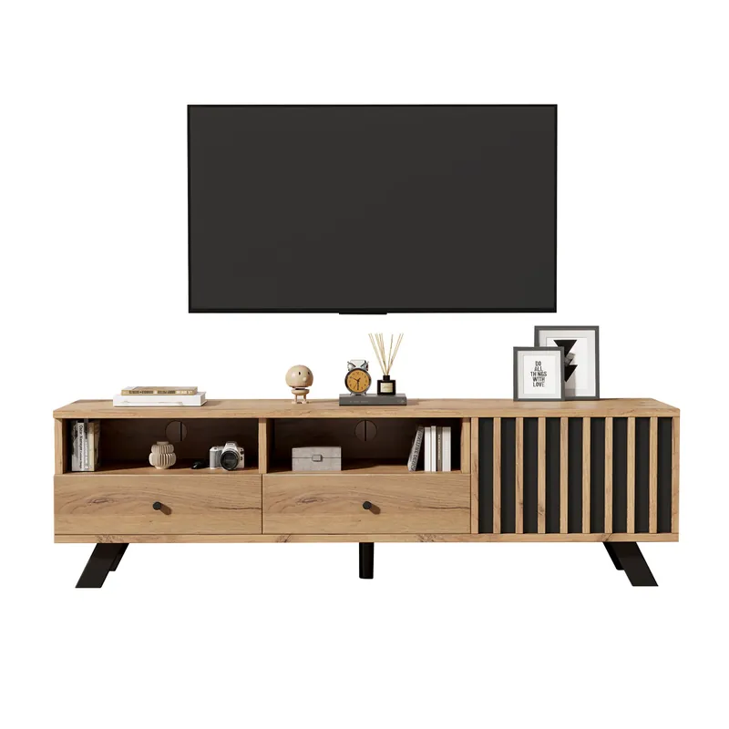 Mueble TV 150 cm de panel de partículas con 1 puerta y 2 cajónes,natural+negro - Muebles