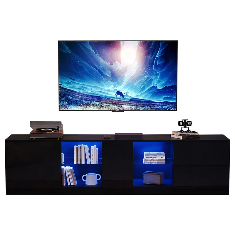 Mueble TV 160 cm de mdf con 1 puerta,2 cajónes y luz led,negro - Muebles