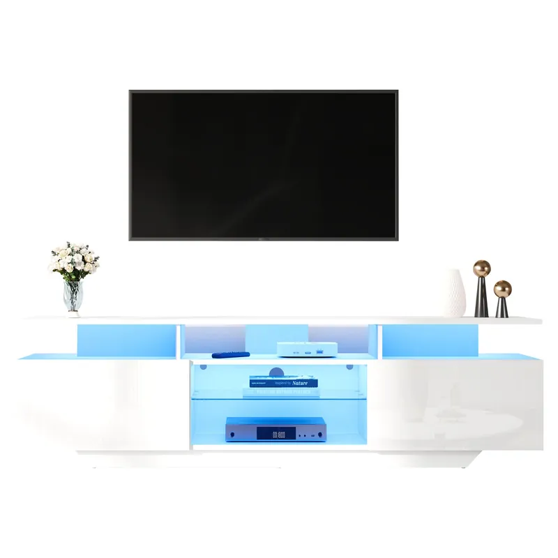 Mueble TV 160 cm de mdf con 2 puertas y luz led,blanco - Muebles