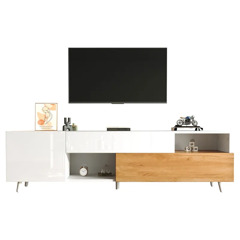 Mueble TV 120 cm de panel de partículas con 2 puertas y 1 cajóne,blanco+natural - Muebles