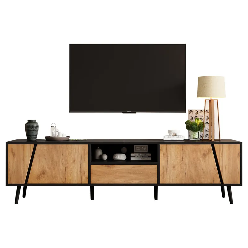 Mueble TV 180 cm,mueble de salón de panel de partículas con 2 puertas y 1 cajón,negro+natural - Muebles