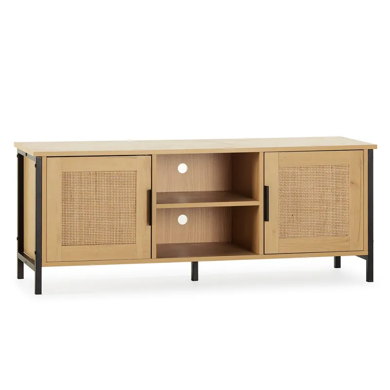 Mueble TV Cruz 2 Puertas Color Roble con ratán Natural, 120 cm - Muebles