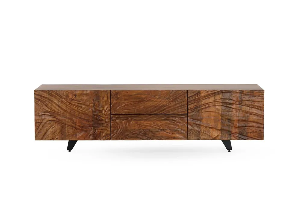 Mueble TV de 2 puertas y 2 cajones en madera maciza de mango - Muebles