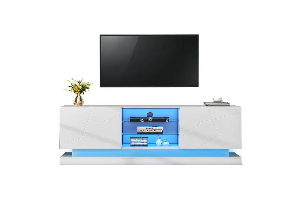 Mueble TV 160cm de alto brillo de panel de partículas con luz LED y 2 puertas,blanco - Muebles