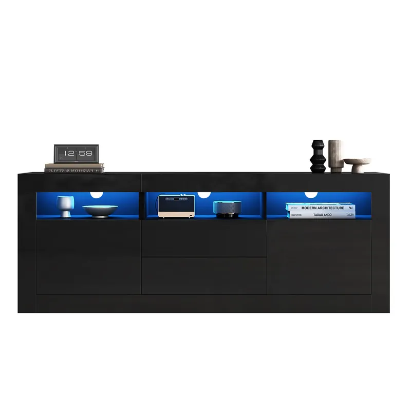 Mueble TV 160cm de panel de partículas con 2 puertas,2 cajónes y luz led,blanco - Muebles