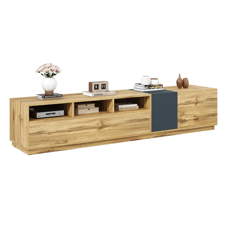 Mueble TV 200cm de panel de partículas con 3 puertas,natural+negro - Muebles