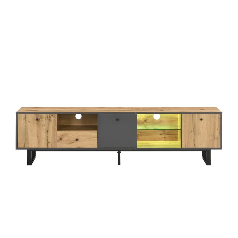 Mueble TV 190cm de panel de partículas con 3 puertas,1 cajón y luz led,negro+madera - Muebles