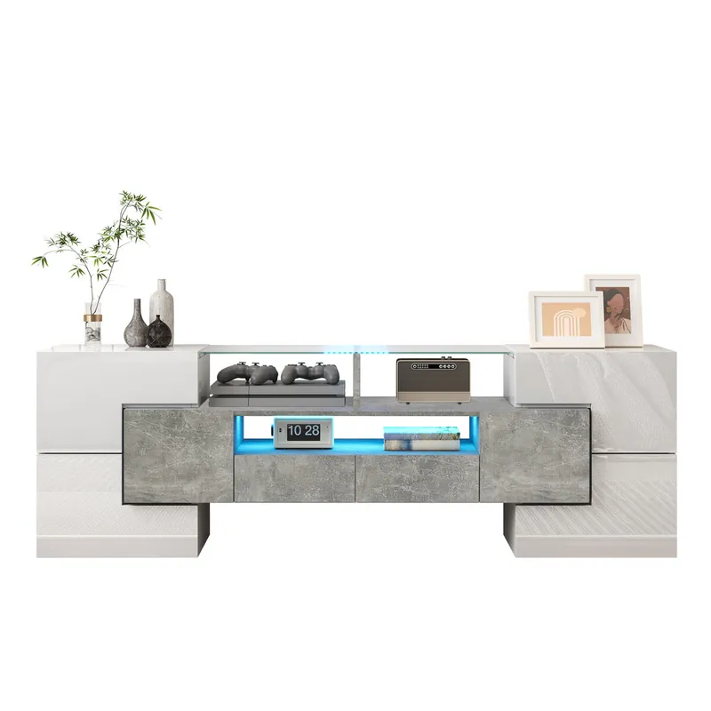 Mueble TV 145cm de panel de partículas con 4 puertas,2 cajónes y luz led,gris - Muebles