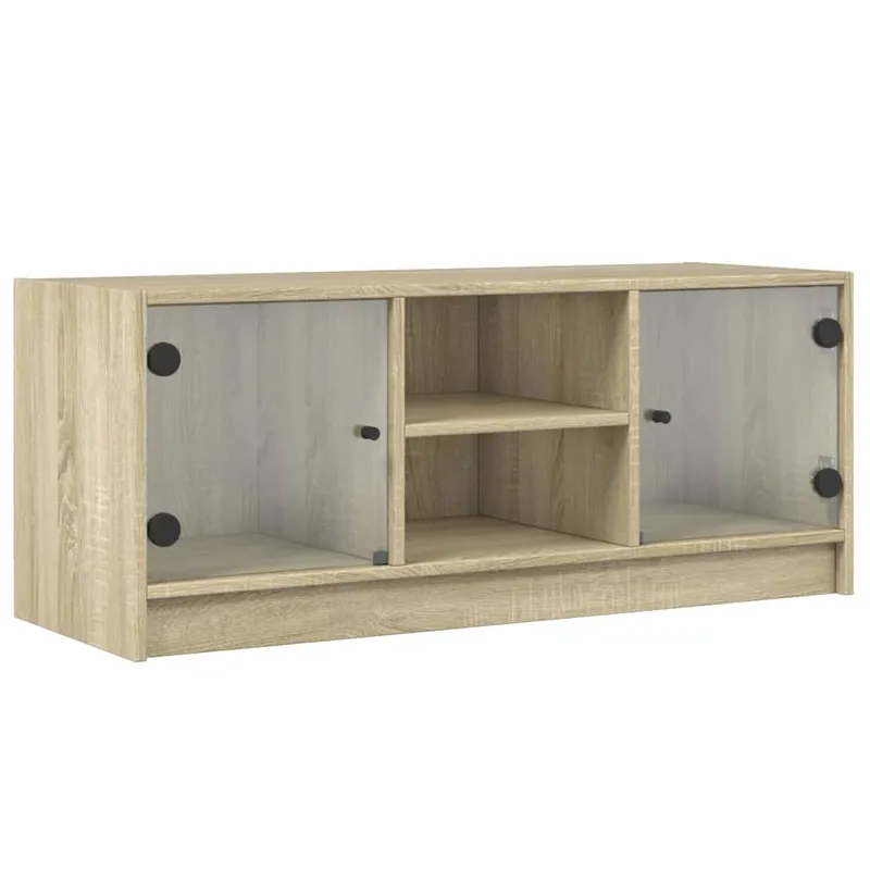 Mueble TV - Mesa de TV con puertas de vidrio gris hormigón 102x37x42 cm