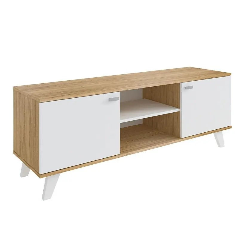 Mueble TV Roble y Blanco QUIATUR 2 puertas y 2 estantes MDF Patas Blancas 140x40x51 cm - Muebles