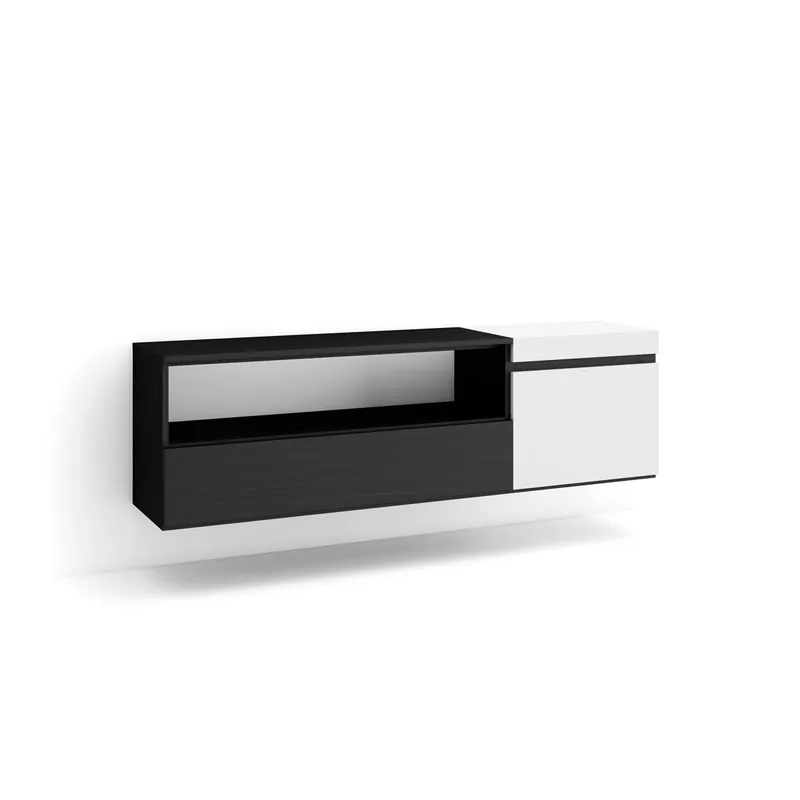 Mueble TV, Televisión, Muebles de salón, almacenaje, 150x35x45cm, Para TV hasta 65", Colgado, Suspendido, Estilo Moderno, Blanco y negro