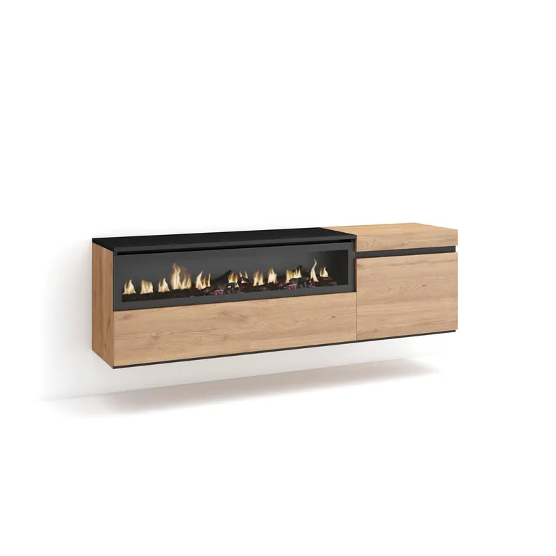 Mueble TV, Televisión, Muebles de salón, almacenaje, 150x35x45cm, Para TV hasta 65", Chimenea eléctrica, Colgado, Suspendido, Estilo Moderno, Cemento