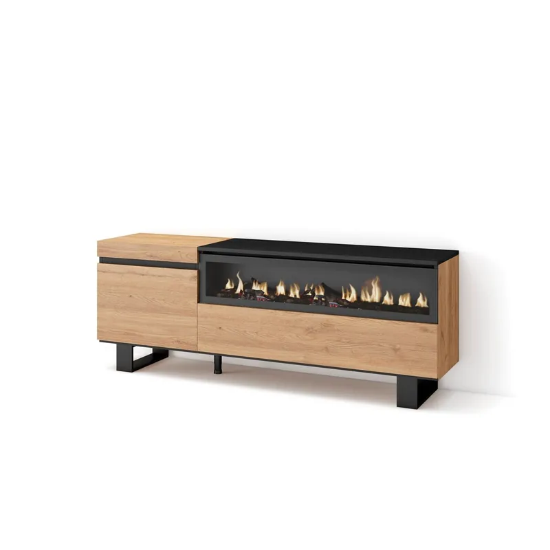 Mueble TV, Televisión, Muebles de salón, almacenaje, 150x35x57cm, Para TV hasta 65", Chimenea eléctrica, Diseño industrial, Estilo Moderno, Cemento