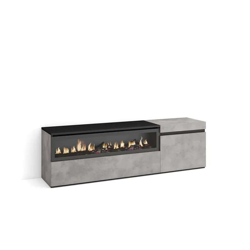 Mueble TV, Televisión, Muebles de salón, almacenaje, 150x35x45cm, Para TV hasta 65", Chimenea eléctrica, Estilo Moderno, Cemento