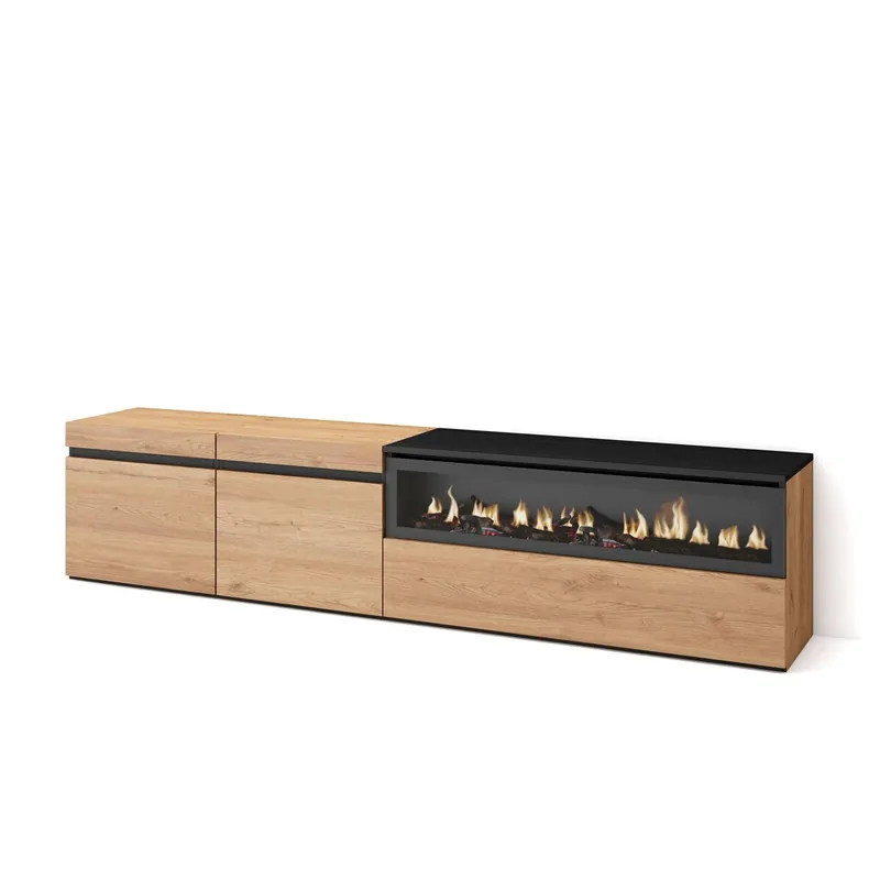 Mueble TV, Televisión, Muebles de salón, almacenaje, 200x35x45cm, Para TV hasta 80", Chimenea eléctrica, Estilo Moderno, Cemento