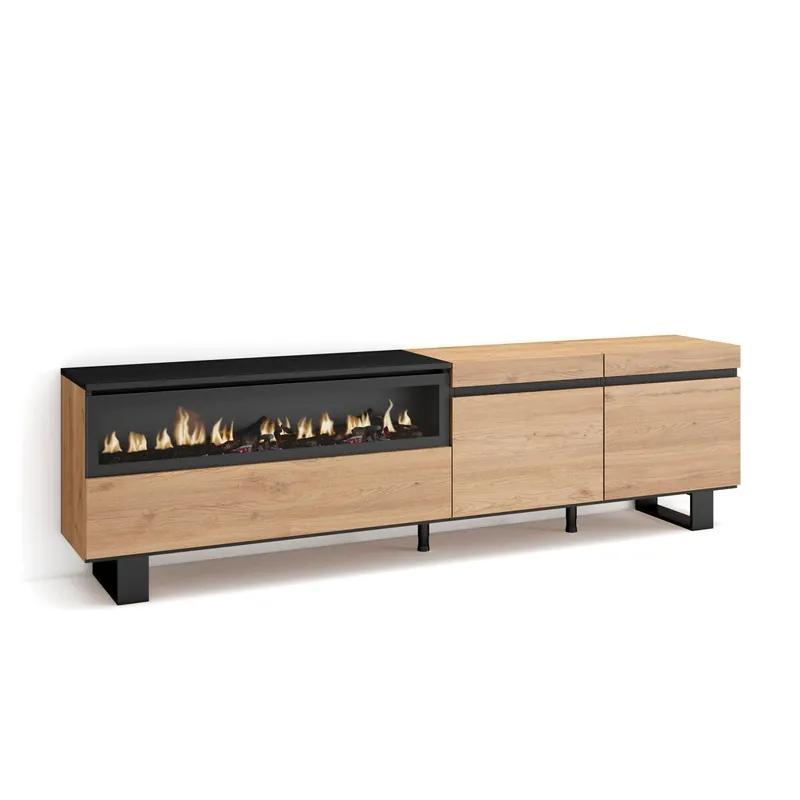 Mueble TV, Televisión, Muebles de salón, almacenaje, 200x35x57cm, Para TV hasta 80", Chimenea eléctrica, Diseño industrial, Estilo Moderno, Cemento