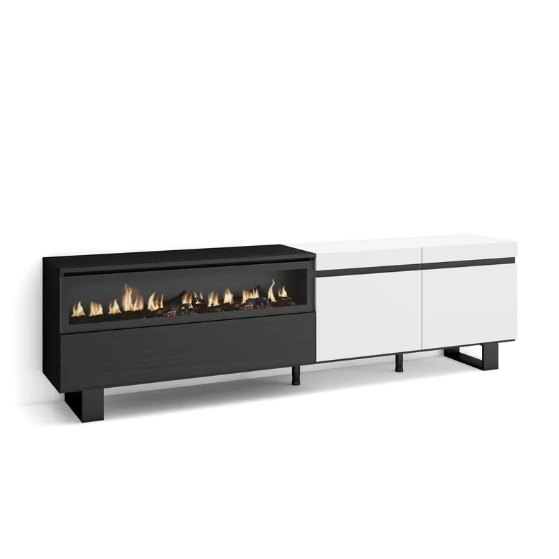 Mueble TV, Televisión, Muebles de salón, almacenaje, 200x35x57cm, Para TV hasta 80", Chimenea eléctrica, Diseño industrial, Estilo Moderno, Blanco y negro
