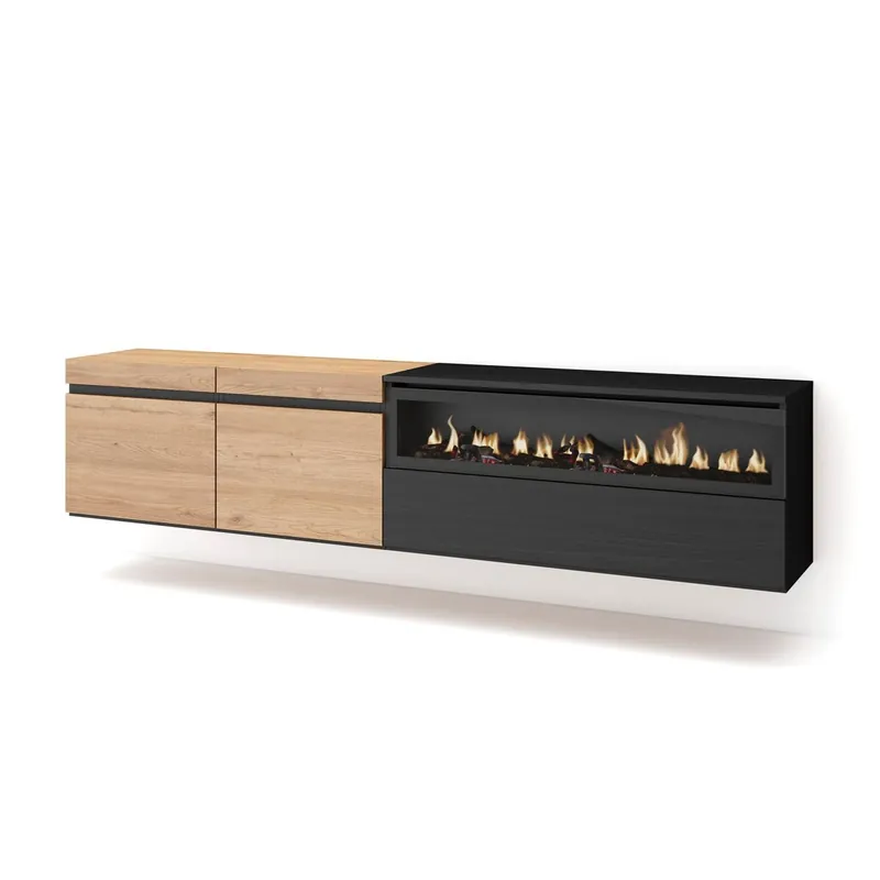 Mueble TV, Televisión, Muebles de salón, almacenaje, 200x35x45cm, Para TV hasta 80", Chimenea eléctrica, Colgado, Suspendido, Estilo Moderno, Blanco y negro