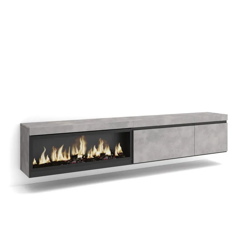 Mueble TV, Televisión, Muebles de salón, almacenaje, 237x35x45cm, Para TV gran formato, Chimenea eléctrica XXL, Colgado, Suspendido, Estilo Moderno, Cemento