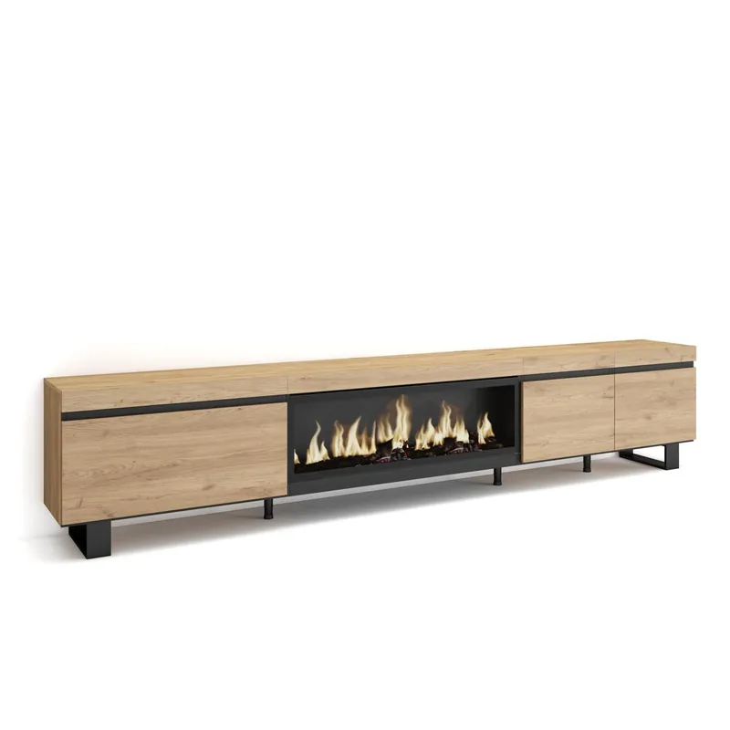 Mueble TV, Televisión, Muebles de salón, almacenaje, 288x35x57cm, Para TV gran formato, Chimenea eléctrica XXL, Diseño industrial, Estilo Moderno, Cemento