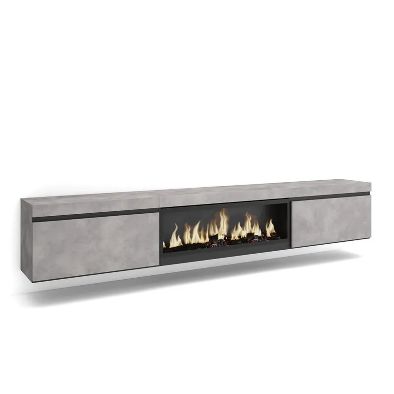 Mueble TV | Televisión | Muebles de salón, almacenaje | 267x45x35 cm | Para TV gran formato | Chimenea eléctrica XXL | Colgado, Suspendido | Estilo Moderno | Cemento