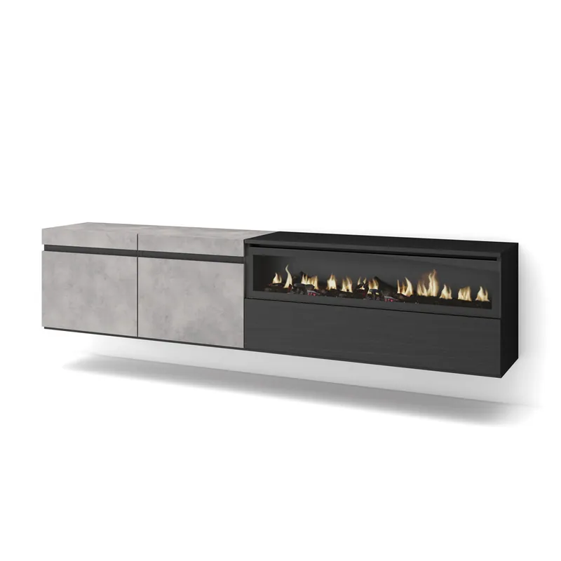 Mueble TV | Televisión | Muebles de salón, almacenaje | 200x45x35cm | Para TV hasta 80" | Chimenea eléctrica | Colgado, Suspendido | Estilo Moderno | Cemento