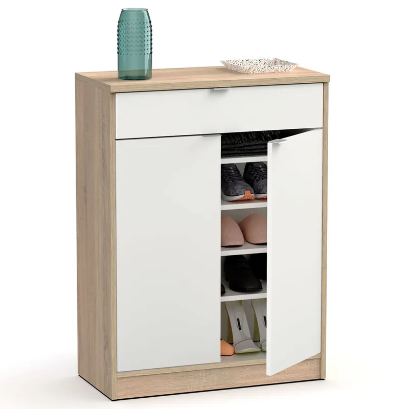 Briebe Domus Zapatero Entrada Recibidor, Mueble Auxiliar Estrecho Zapatos, 2 Puertas, 1 Cajón 101x75x36 cm, , Blanco - Muebles