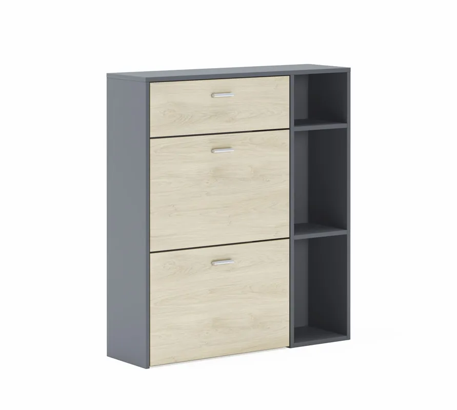 Zapatero WIND, color estructura Gris Antracita, color Roble en las 2 puertas basculantes y el cajón, medidas 90x26x101.5cm de altura. - Muebles