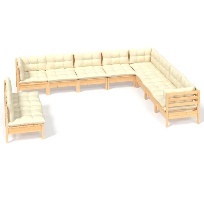 Muebles de jardín 10 pzas y cojines madera maciza de pino crema