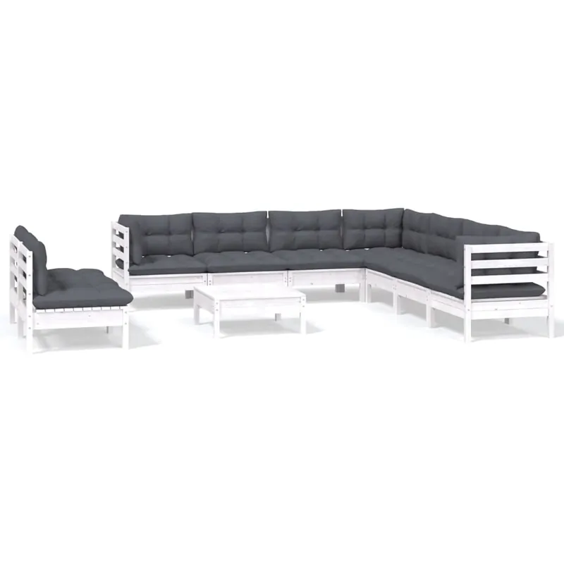Muebles de jardín 10 pzas con cojines blanco madera maciza pino