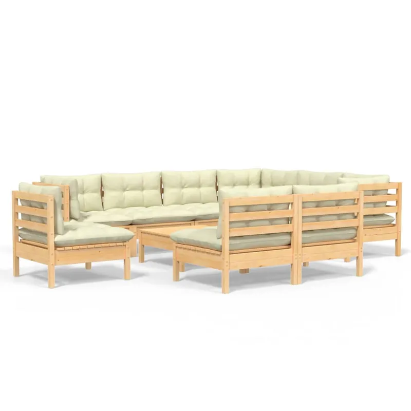 Muebles de jardín 10 pzas y cojines madera maciza de pino crema