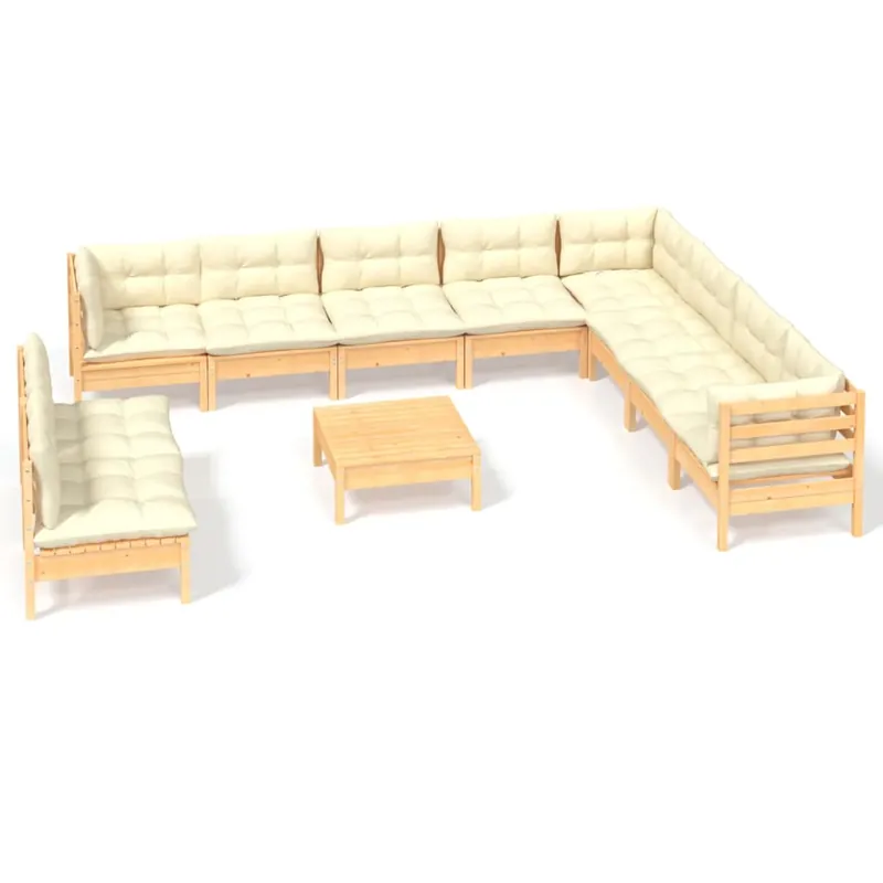 Muebles de jardín 11 pzas y cojines madera maciza de pino crema