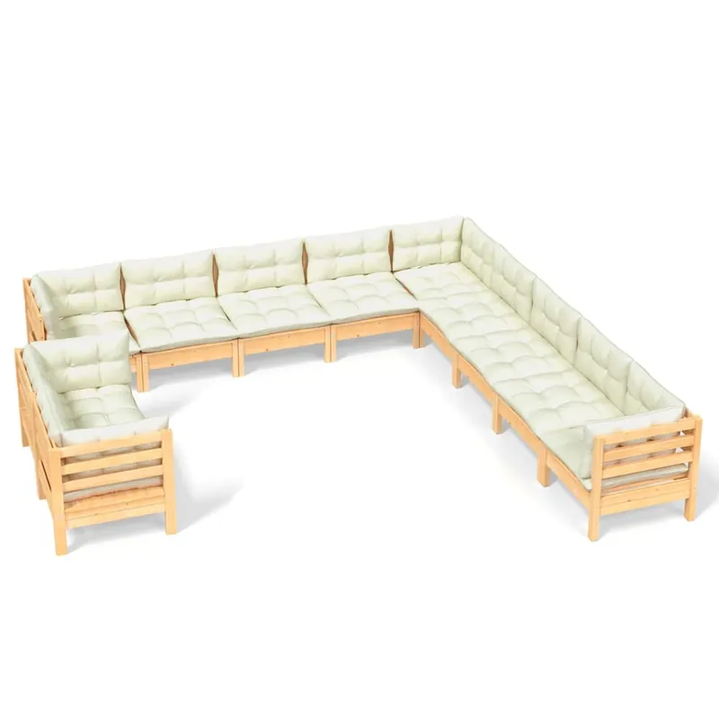 Muebles de jardín 11 pzas y cojines madera maciza de pino crema