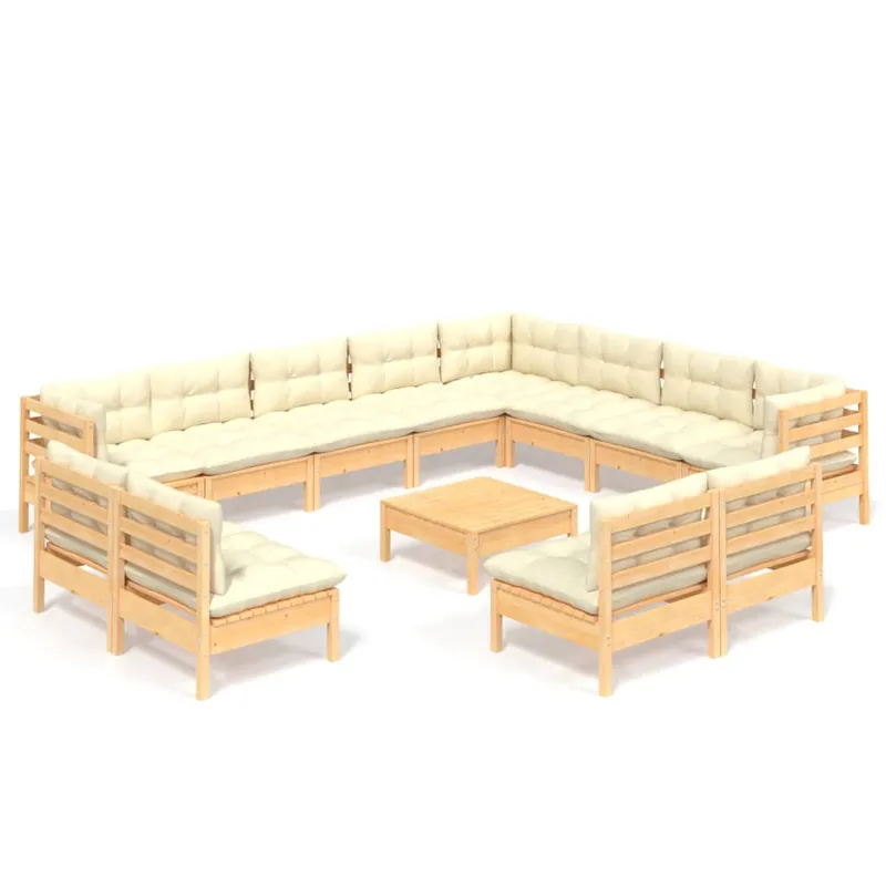 Muebles de jardín 13 piezas y cojines madera maciza pino crema