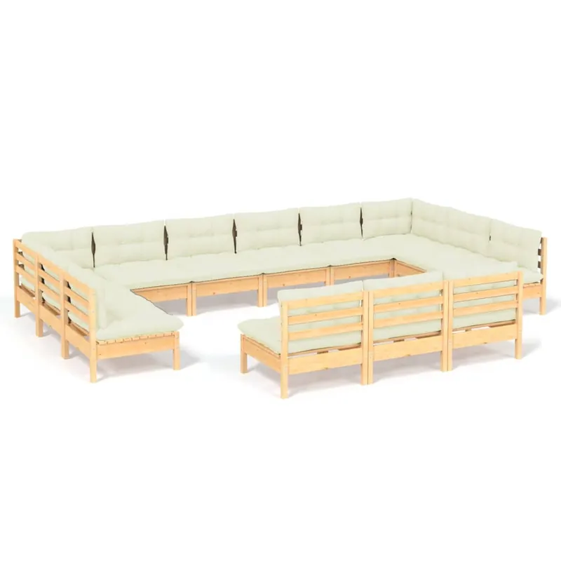 Muebles de jardín 13 pzas y cojines madera maciza de pino crema