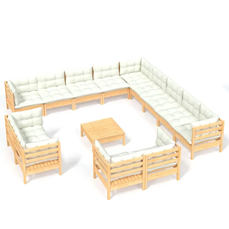 Muebles de jardín 14 piezas y cojines madera maciza de pino