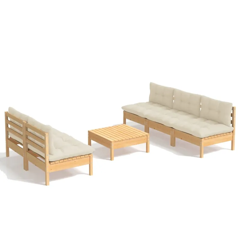 Muebles de jardín 6 piezas cojines madera de pino crema