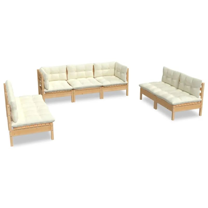 Muebles de jardín 7 pzas y cojines madera maciza de pino crema