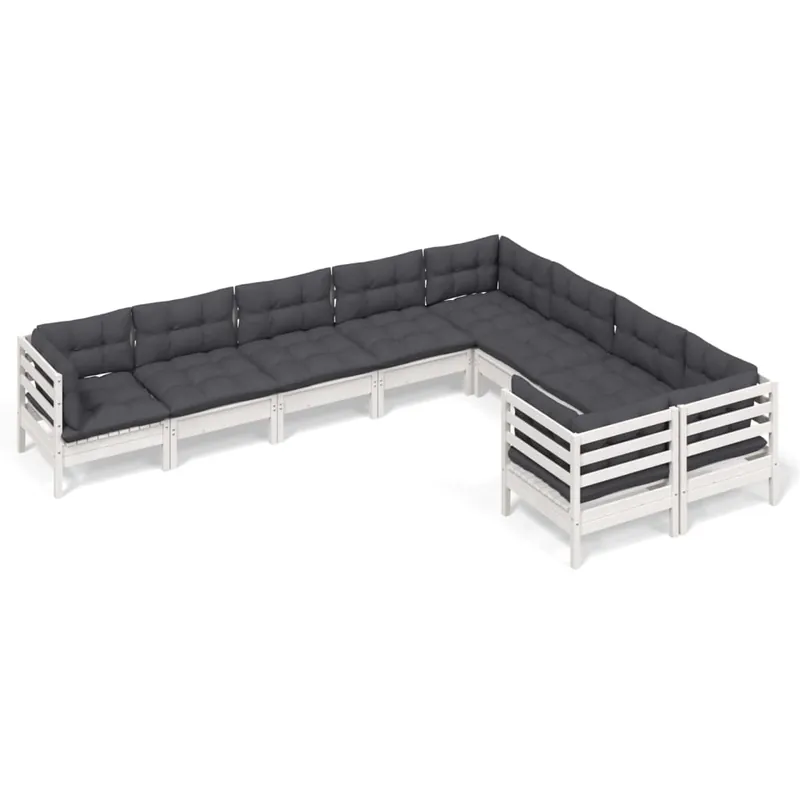 Muebles de jardín 9 pzas y cojines blanco madera de pino