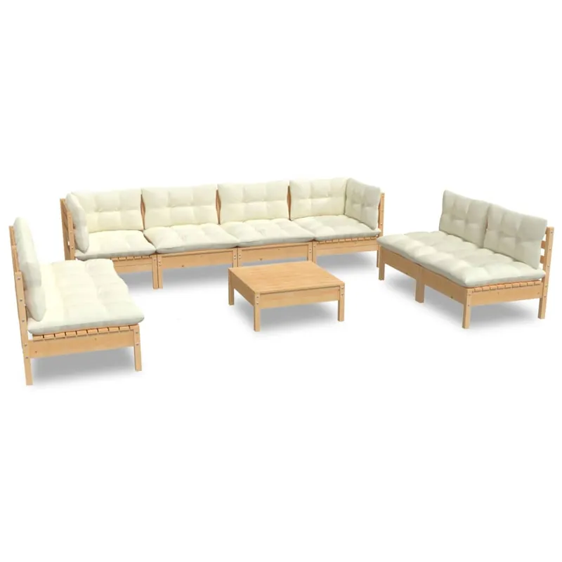 Muebles de jardín 9 pzas y cojines madera maciza de pino crema
