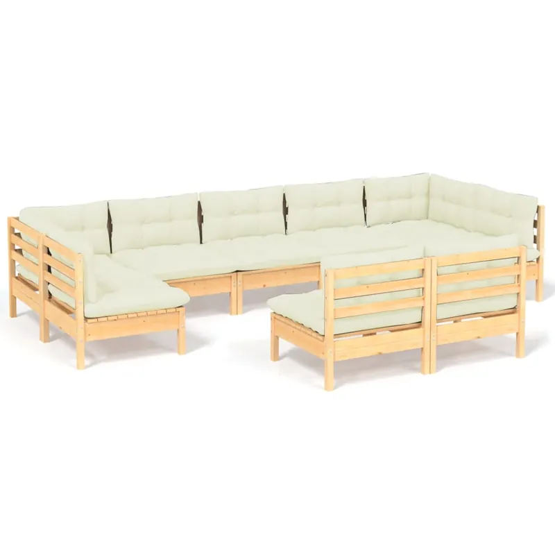 Muebles de jardín 9 pzas y cojines madera maciza de pino crema
