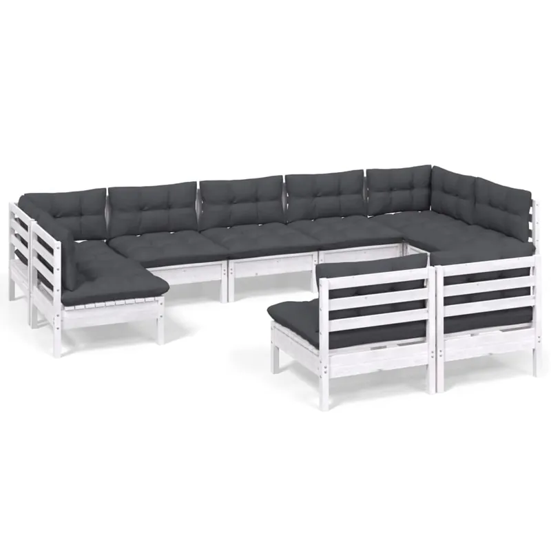 Muebles de jardín 9 pzas y cojines blanco madera maciza de pino