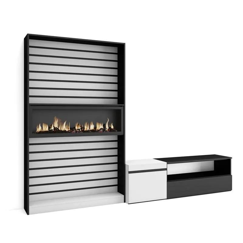 Muebles de Salón para TV, Conjunto de muebles comedor, 260x35x186cm, Para TV hasta 65", Chimenea eléctrica, Estilo Moderno, Blanco y negro