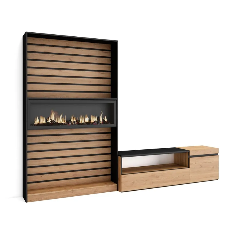 Muebles de Salón para TV, Conjunto de muebles comedor, 260x35x186cm, Para TV hasta 65", Chimenea eléctrica, Estilo Moderno, Blanco y negro