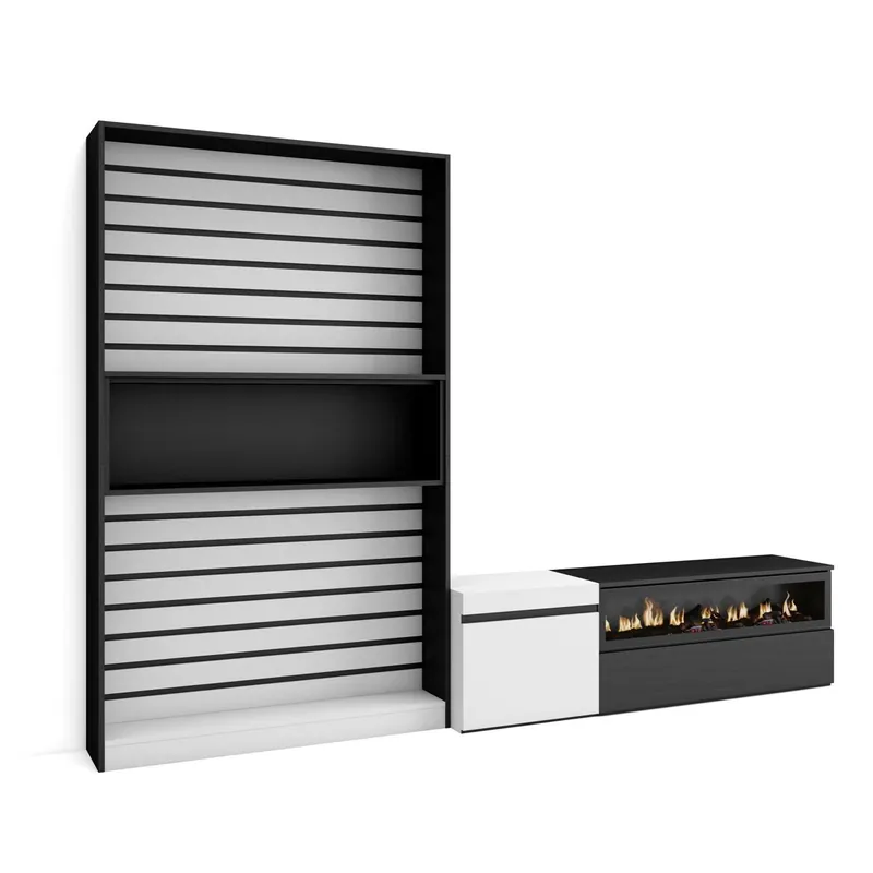 Muebles de Salón para TV, Conjunto de muebles comedor, 260x35x186cm, Para TV hasta 65", Chimenea eléctrica, Estilo Moderno, Roble y negro