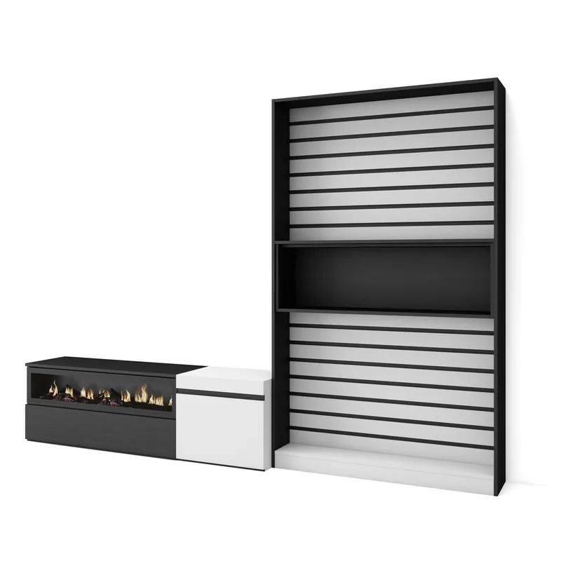 Muebles de Salón para TV, Conjunto de muebles comedor, 260x35x186cm, Para TV hasta 65", Chimenea eléctrica, Estilo Moderno, Blanco y negro