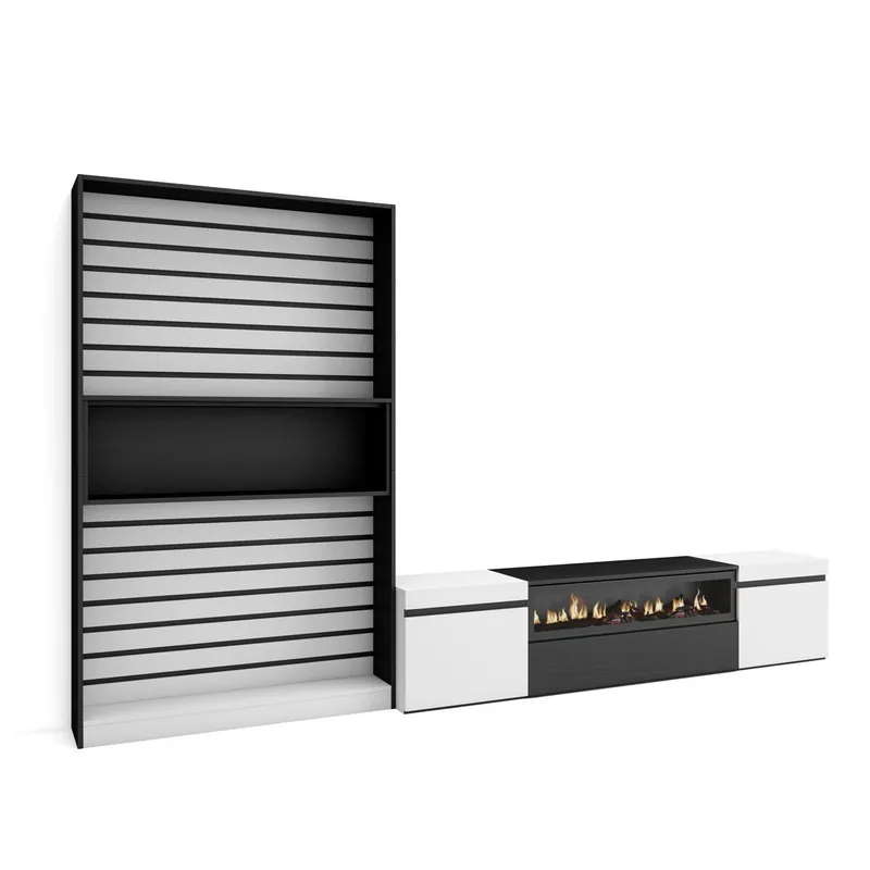 Muebles de Salón para TV, Conjunto de muebles comedor, 210x35x186cm, Para TV hasta 80", Chimenea eléctrica, Estilo Moderno, Blanco y negro