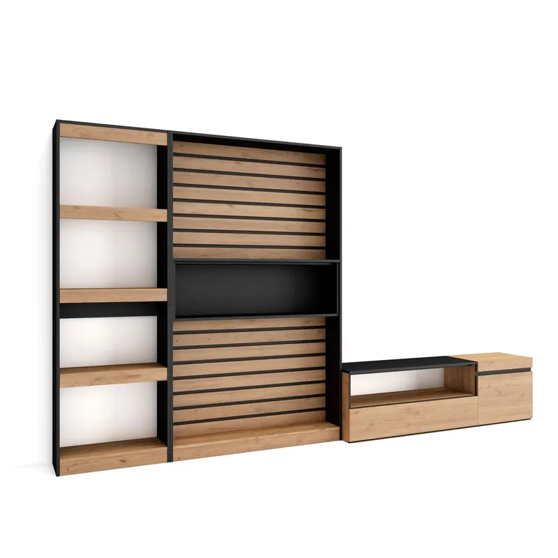 Muebles de Salón para TV, Conjunto de muebles comedor, 320x35x186cm, Mueble Televisión, Estilo Moderno, Roble y negro