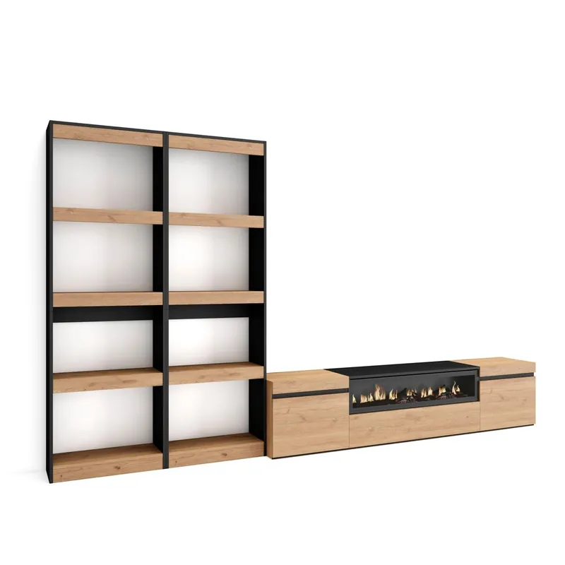 Muebles de Salón para TV, Conjunto de muebles comedor, 320x35x186cm, Para TV hasta 80", Chimenea eléctrica, Estilo Moderno, Cemento