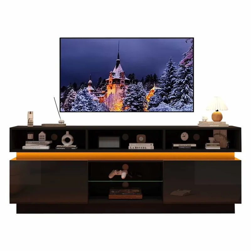 Mueble TV 160x35x60 cm - soporte TV de perfil bajo con estante de vidrio templado, acabado alto brillo, iluminación LED, MDF, apto para TV de 60 pulgadas - blanco